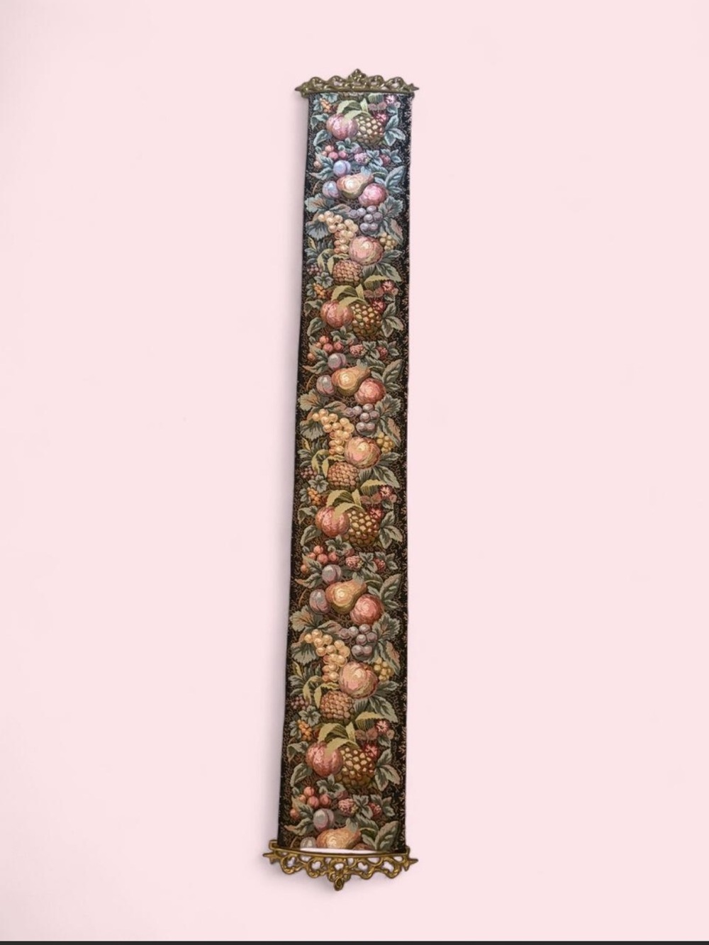 Vintage Fruit Tapestry Bell Pull Wall Hanging w/ Heavy Ornate Brass Ends